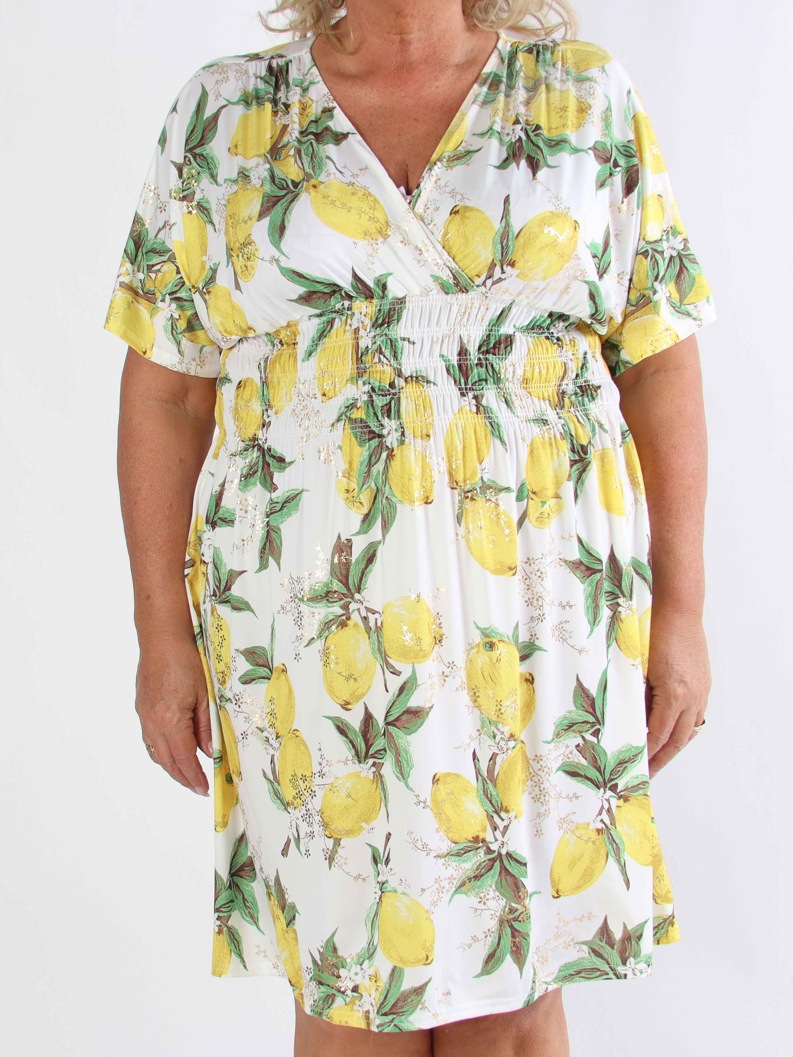 Pams Lemon Short - Plus size-klänning med citroner och gulddetaljer